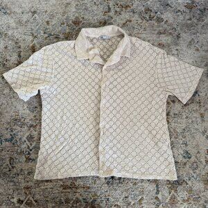 ZARA Men's Large Ecru Cream Macrame Crochet Knit Short Sleeve Button-up Shirt